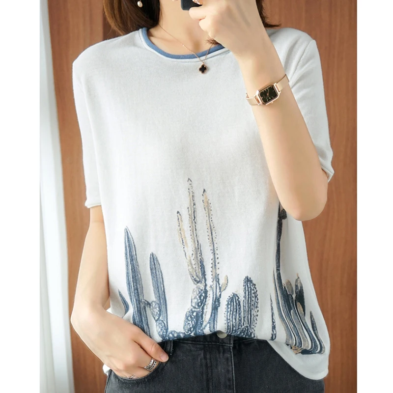 

Женская Летняя трикотажная футболка с круглым вырезом и коротким рукавом