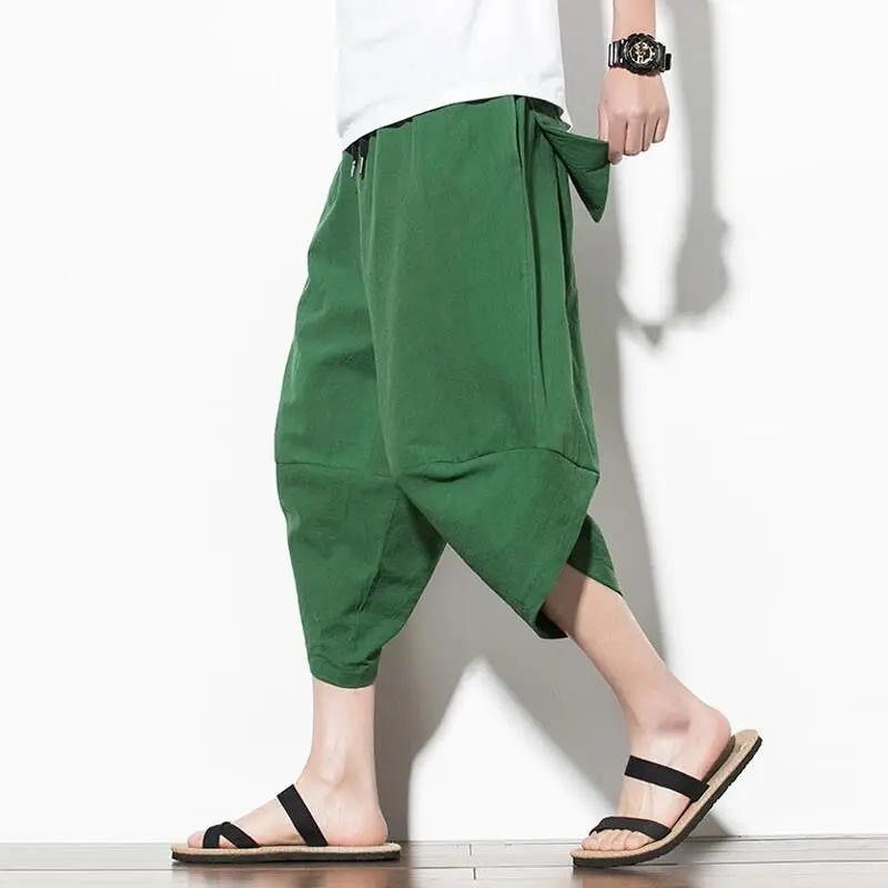 100% Linen Men Summer Capris Pants Oversize Cozy Streetwear Beach Holiday Patalon Vintage Party Casual Breathable Bloomers