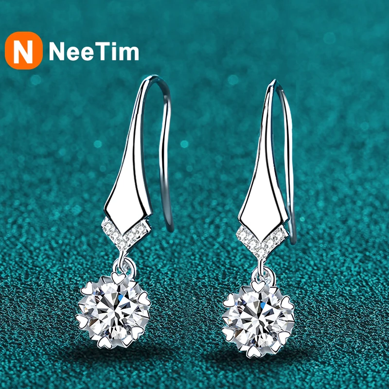 

NeeTim 1ct 0.5ct D Color Moissanite Drop Earrings For Women S925 Silver Lab Diamond Engagement Wedding Party Snowflake Earring