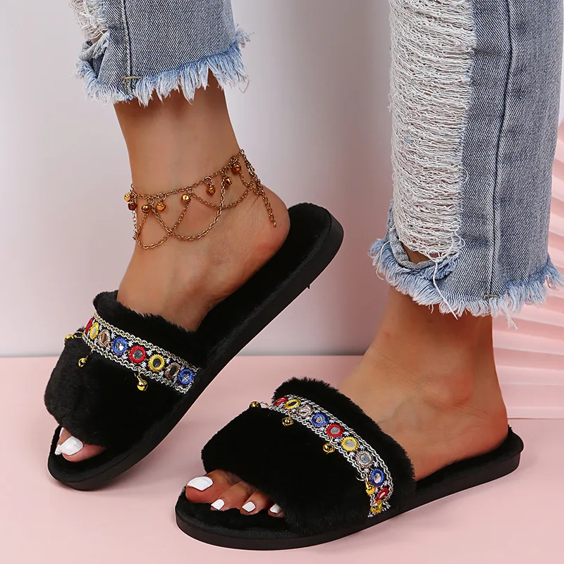2025 Stylish Embroidery Decor Slides for Women Fluffy Soft Bottom Flat Slippers Woman Indoor Non Slip Weightlight Sandals Female