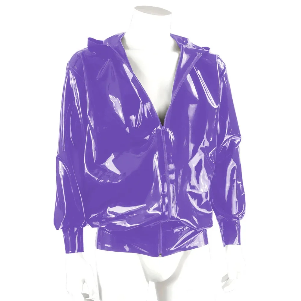 Men's Wetlook Jackets Fashion Hoodies Long Sleeve Zipper Hooded Coats Casual High Street Male Tops Jackets Shiny PVC Clubwear 6