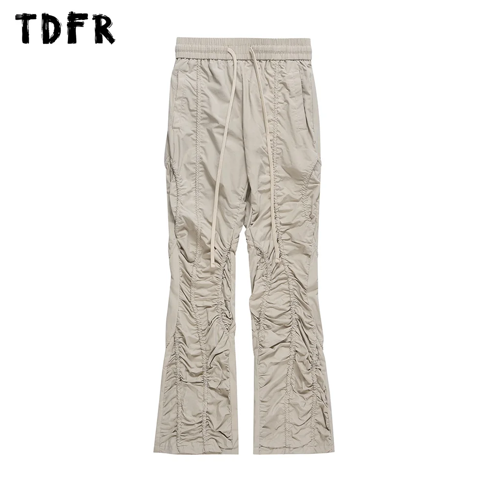 

Pleated Flared Pants Mens Spliced Solid Color Retro Casual Loose Drawstring Elastic Waist Trousers Men