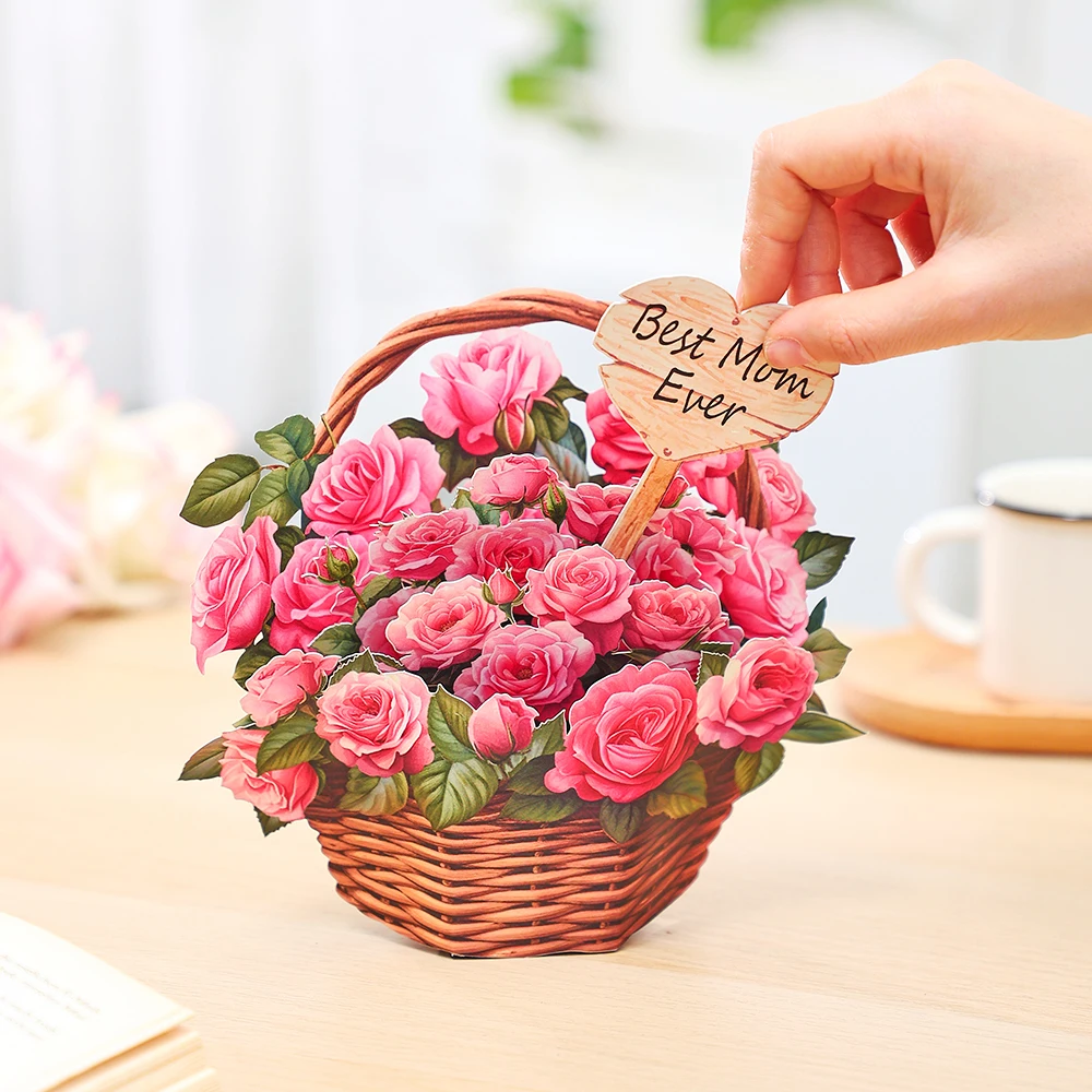 Mothers Day Pink Rose Flower Basket Celebration Creative Home Decor Anniversary Floral Ornaments 3D Pop-up With Envelope