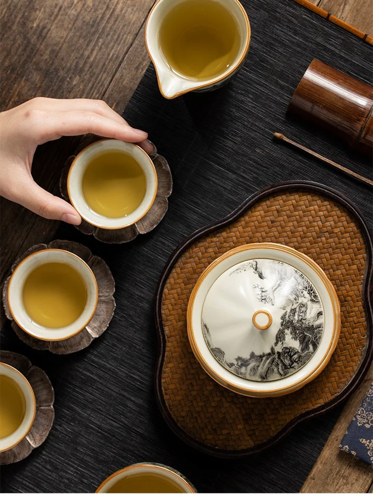 130ML Ru Kiln Landscape Porcelain Gaiwan Set For Tea Tureen Teaware Cup Chinese Yellow Ceramic Opening Tea Bowls Ceremony