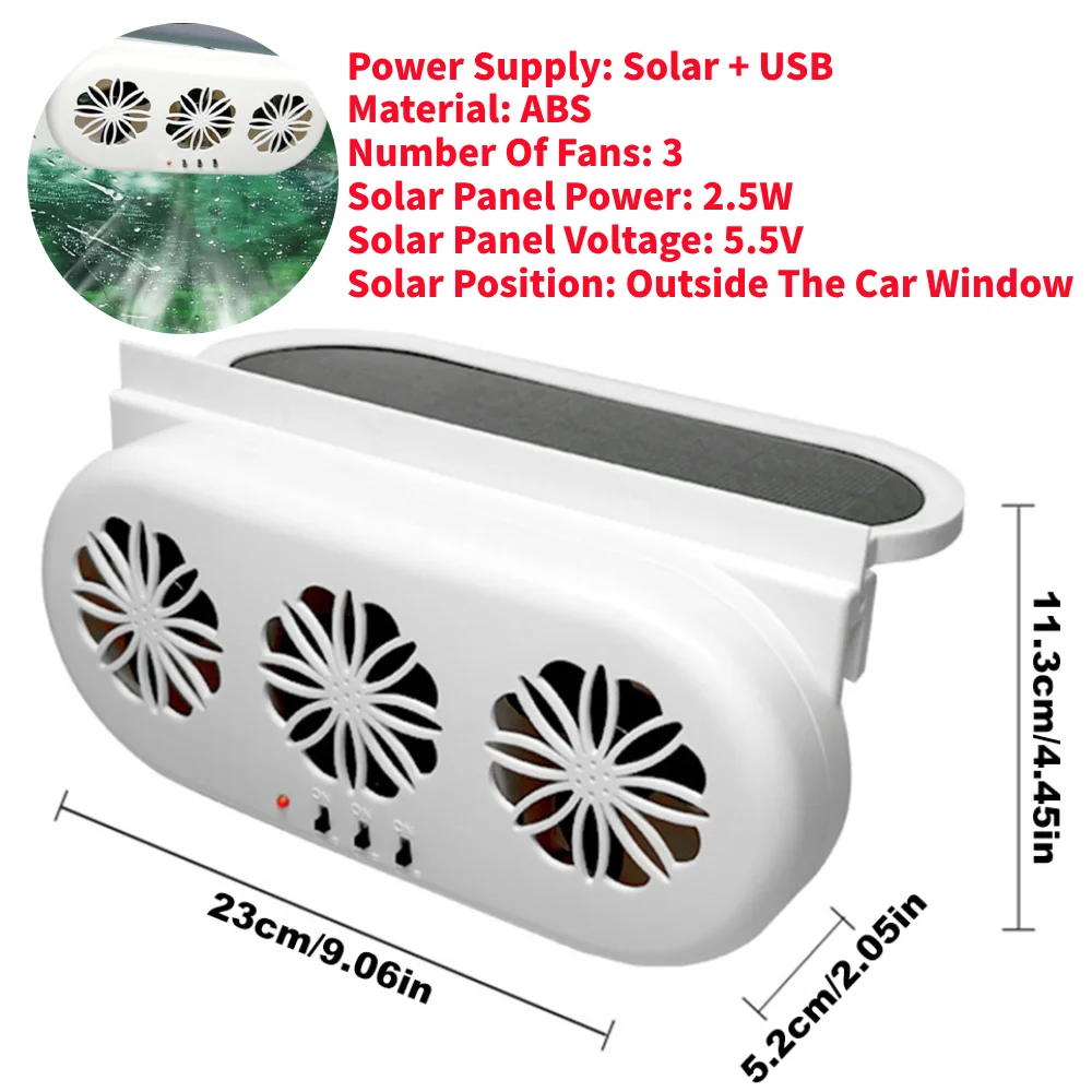 USB Car Cooling Fan - 3-Hole Ventilator For Window, Eliminates Odor & Cools Vehicle Interior (White)