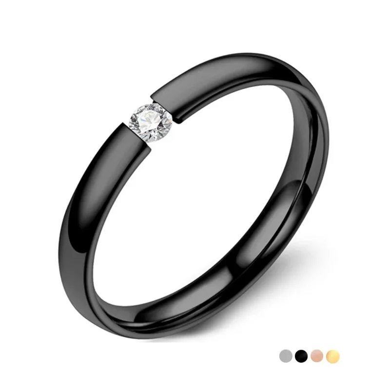 3mm Stainless Steel Ring Women Men Inlay Zirconia Wedding Engagement Ring Valentines Day Gift Female Stackable wedding rings