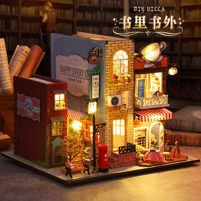 Book Nook DIY 3D Wooden Three-piece Town Coffee Shop Bookshelf