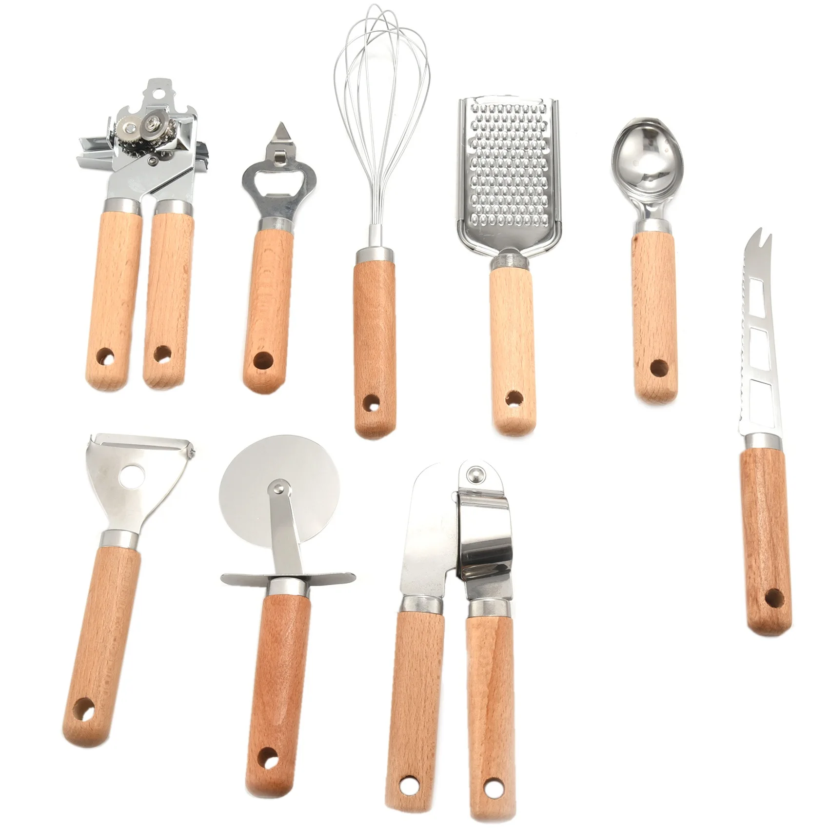 

Kitchen Cooking Utensils Set,Stainless Steel Gadget Tool with Wooden Handle,Whisk/Peeler/Cutter/Can Opener/Corkscrew