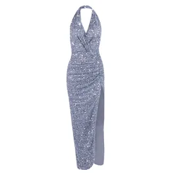 Mingmingxi Sequin Halter Prom Dresses Silver Elegant Party Dresses for Women 2023 Backless Sexy Bodycon Dresses Summer