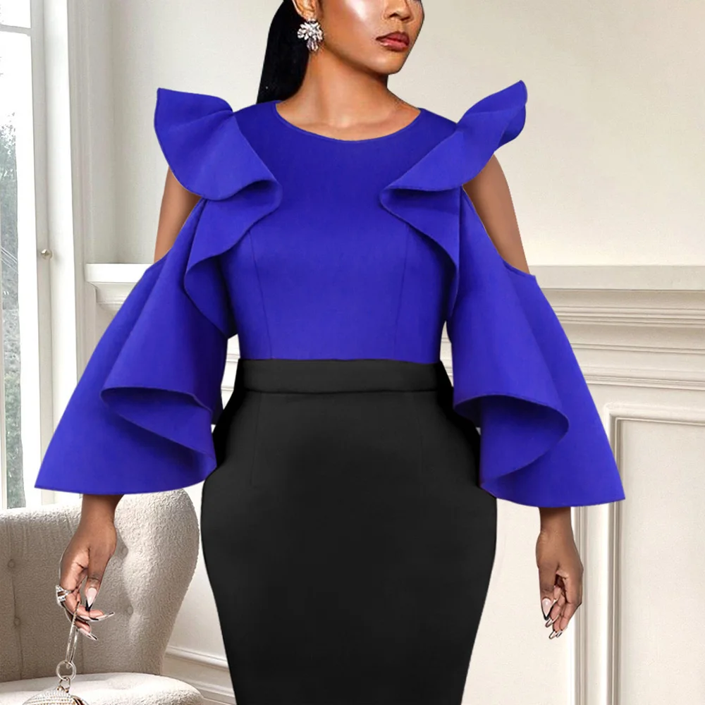 Sexy Blouse & Shirts Women Blue 2023 New Round Neck Cold Shoulder Ruffles Fashion Elegant Ladies Birthday Party Dinner Tops Hot