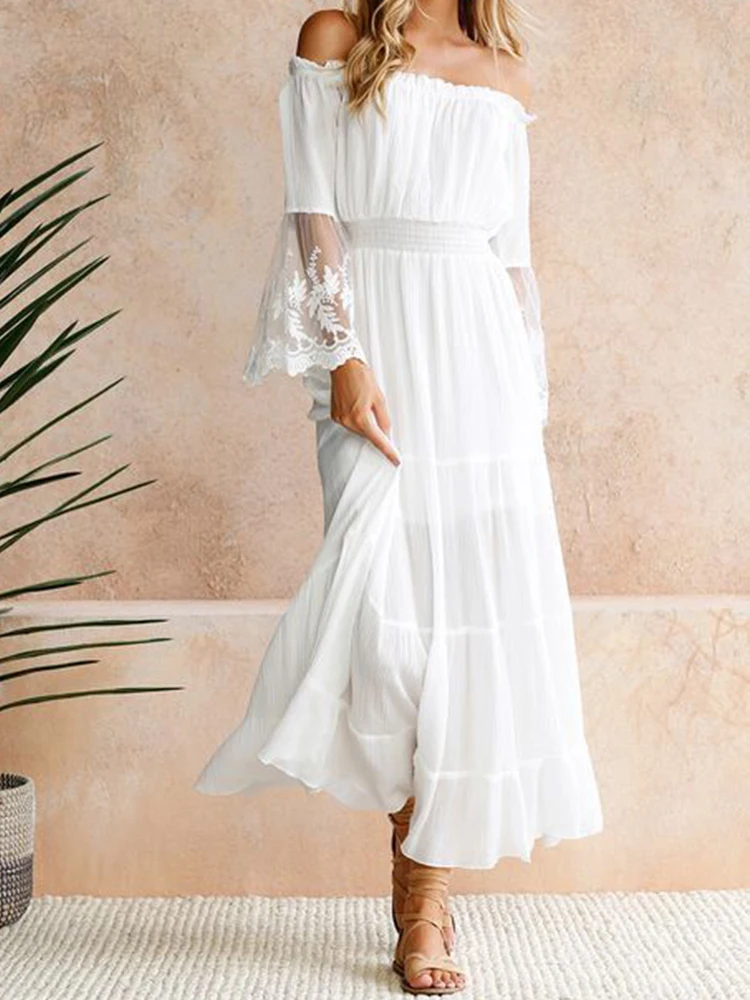 

Splice White Lace Dress Women Sexy Hollow Out Long Dress Slash Neck Off Shoulder Dress Summer Boho Flare Sleeve Beach Sundress