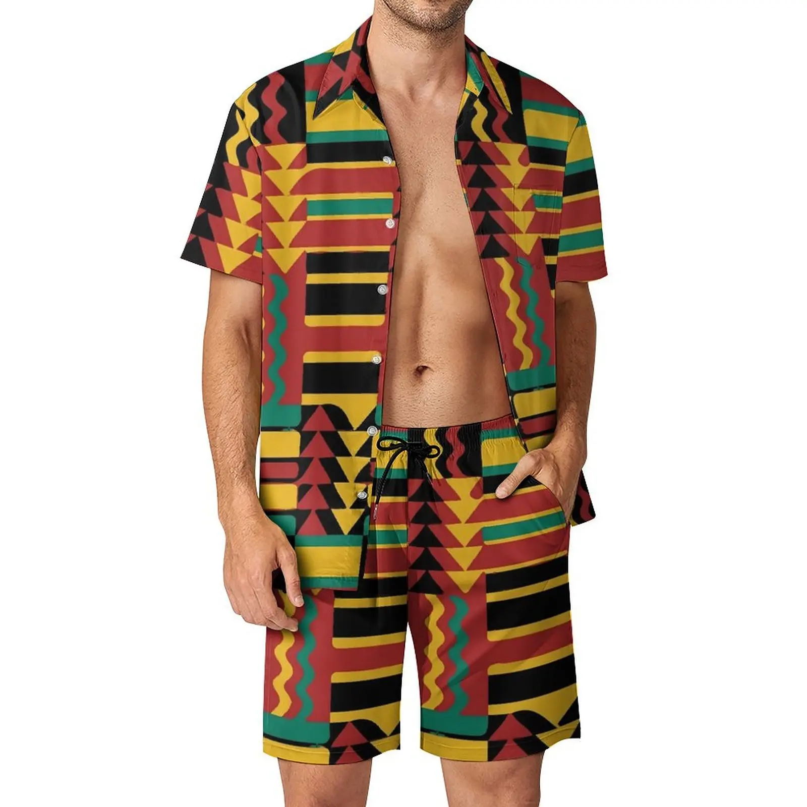

Винтажный Мужской комплект Kente с геометрическим рисунком, повседневные шорты в стиле ретро, рубашка для отпуска, летний Гавайский Графический костюм, одежда оверсайз