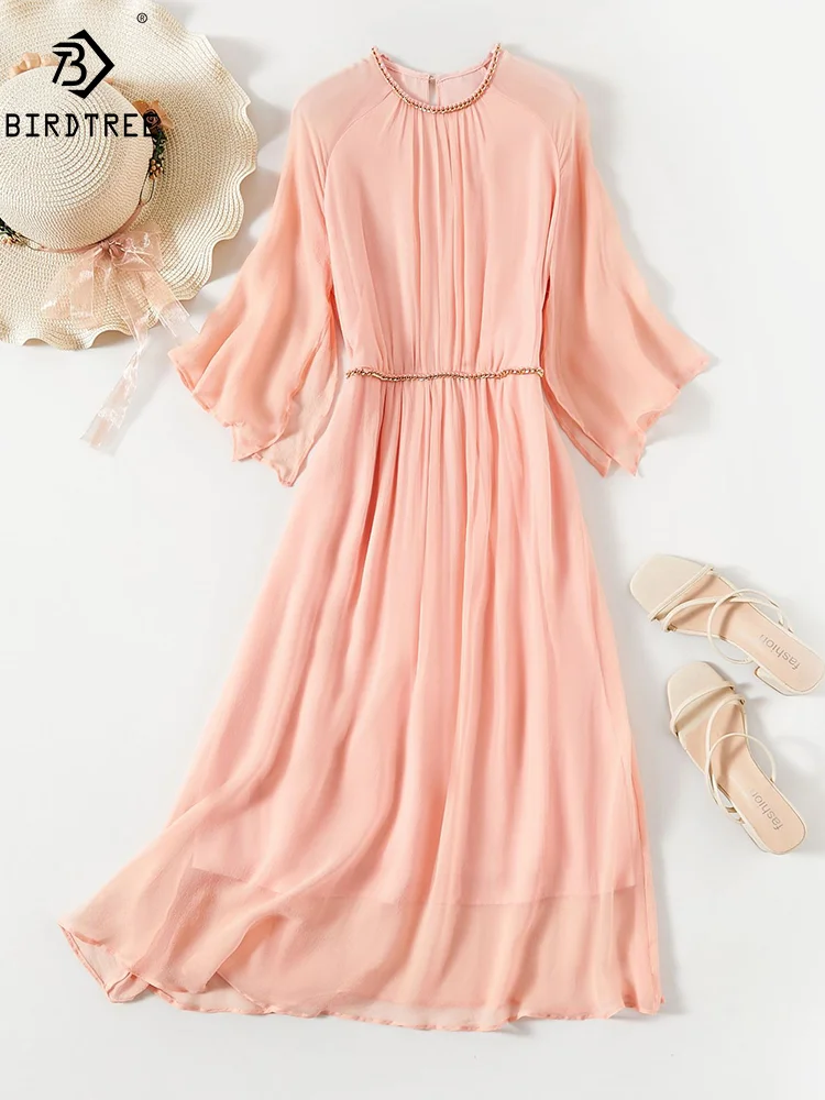 

BirdTree, 100%Real Silk Elegant Vacation Dresses, Women O Neck Half Sleeve Chain, OL Party Beach Dress, 2024 Summer New D45470QM