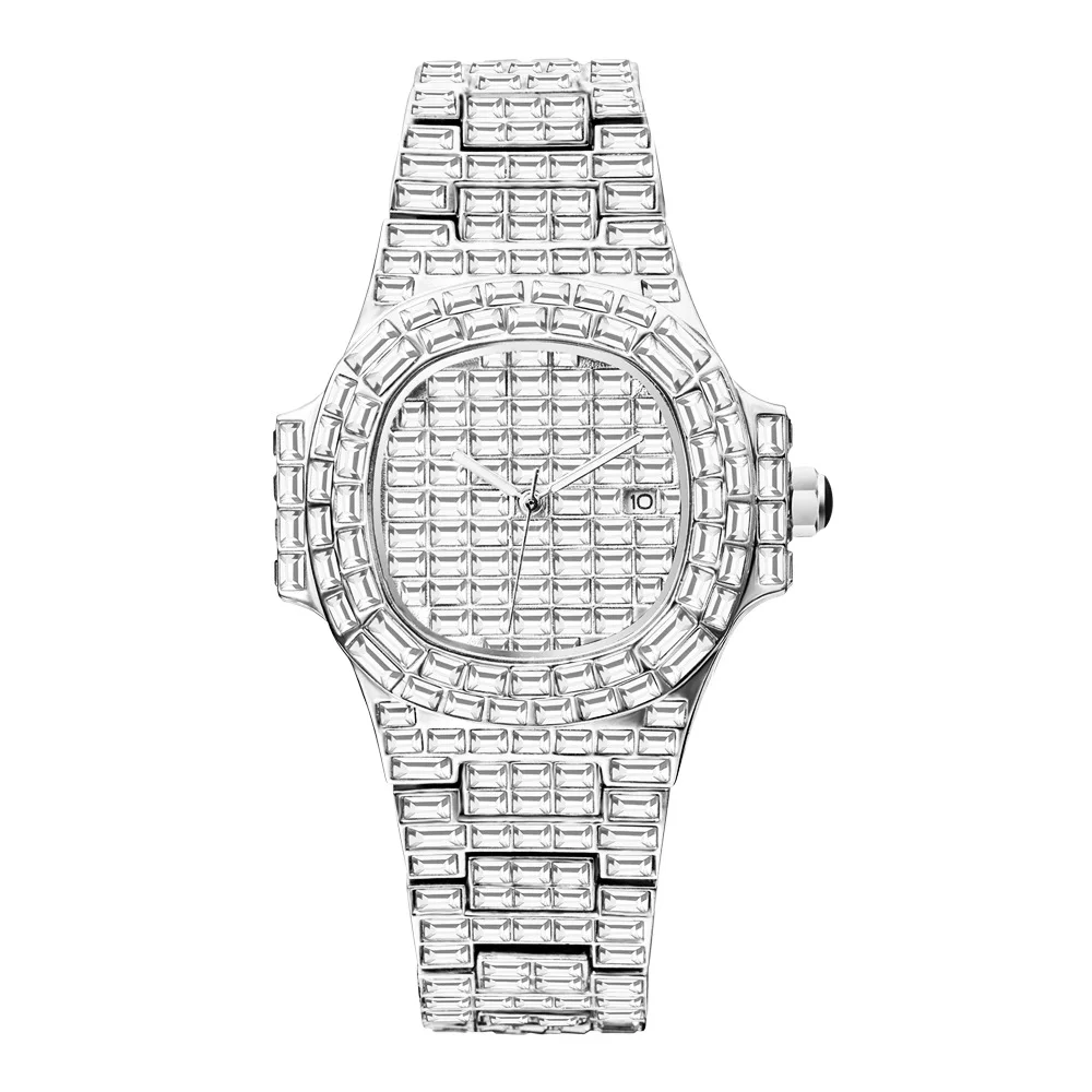 

luxury Brand Trend Diamond Stainless Steel Male Quartz Clocks Round Silver Calendar Waterproof Men's Wristwatch