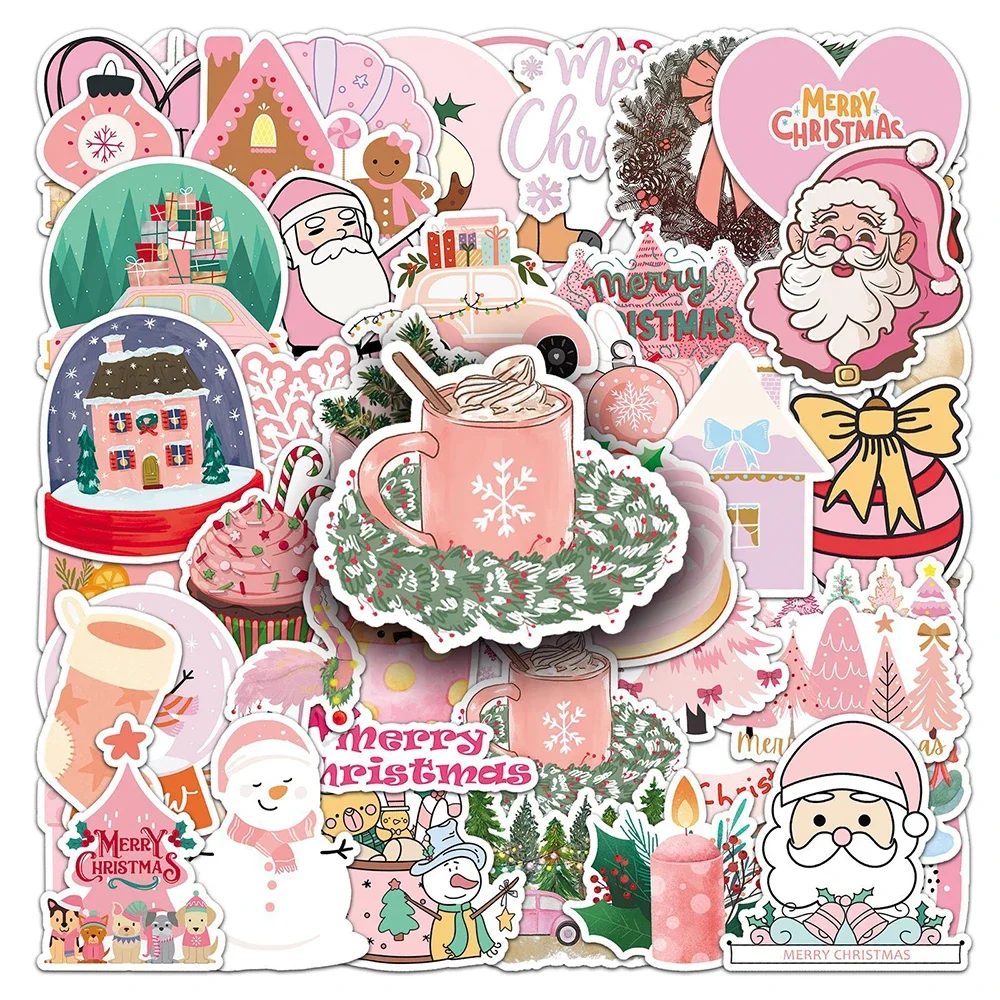 50PCS 핑크 크리스마스 귀여운 산타 클로스 스티커 귀여운 장난감 데칼 장식 DIY 전화 냉장고 가방 스케이트 보드 자전거 선물
