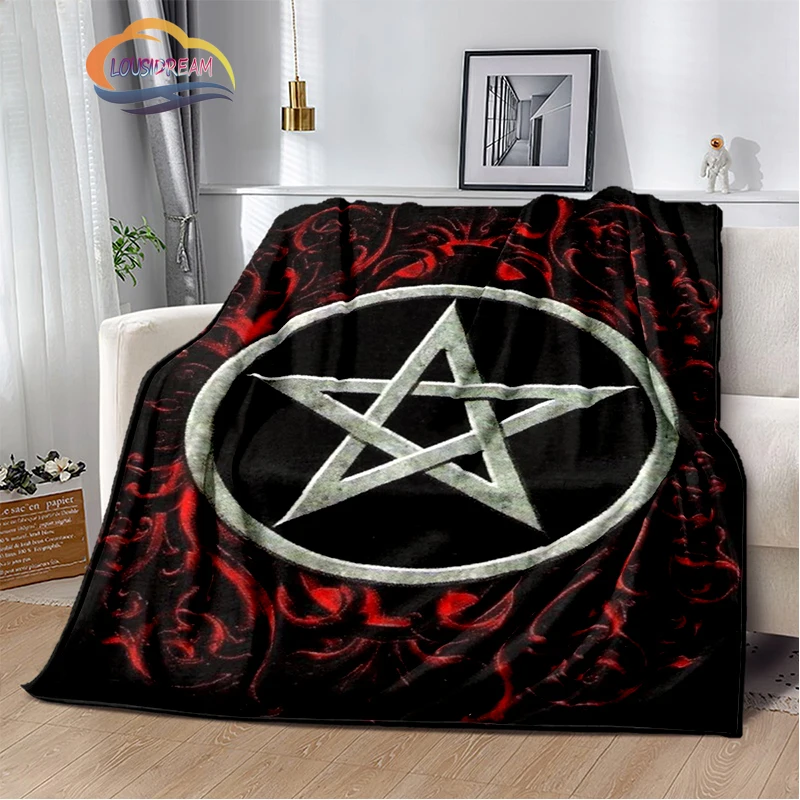 

Triple Moon Goddess Simple Pentagram Flannel Blanket ，Supernatural Satan Black White Wicca Pentacle