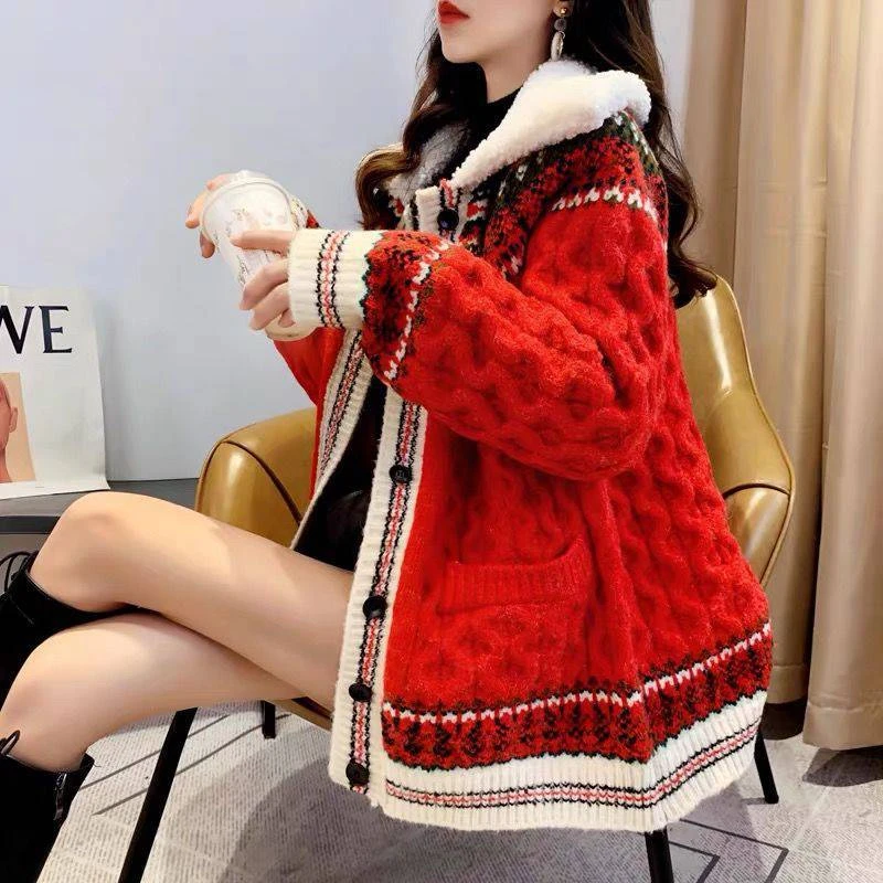 Coat autumn and winter wear velvet add thick coat coat female winter ethnic wind red sweater autumn and winter ladies cardigans