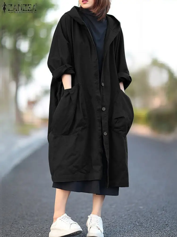 

ZANZEA женские длинные пальто с капюшоном Осенняя Стильная верхняя одежда с длинным рукавом повседневные свободные пальто с карманами 2024 модный кафтан тренч для женщин