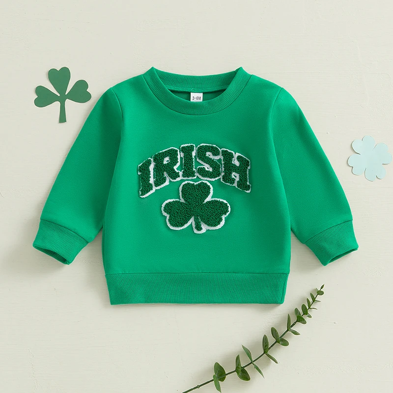 Toddler Boy Girl Sweatshirt Clover Letter Embroidery Long Sleeve Pullover Tops Irish Clothes