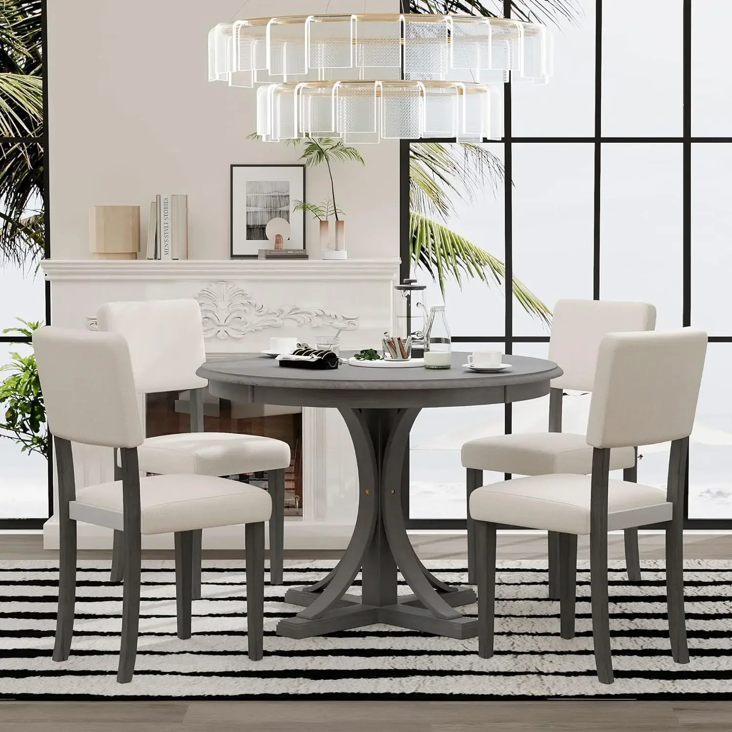 

5-Piece Retro Round Dining Table Set with Curved Trestle Style Legs and 4 Upholstered Chairs for Kitchen,Breakfast Nook