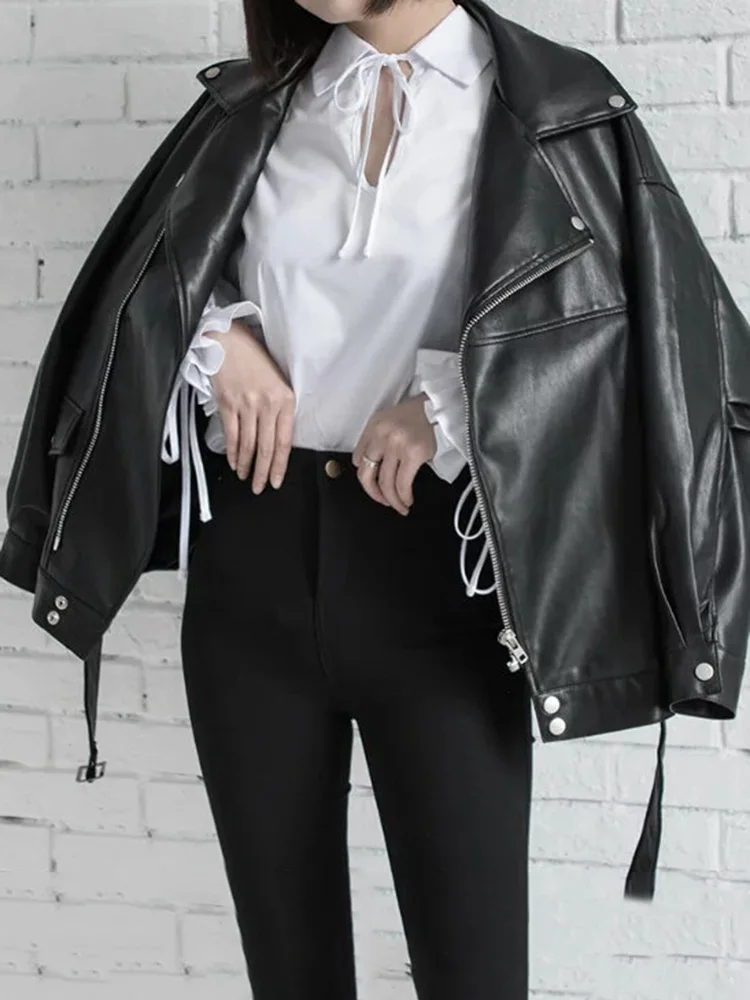 Aelegantmis Loose Women Soft Faux Leather Jacket With Belt Black Pu Leather Biker Jacket Lady Basic Coat Street Casual Outerwear