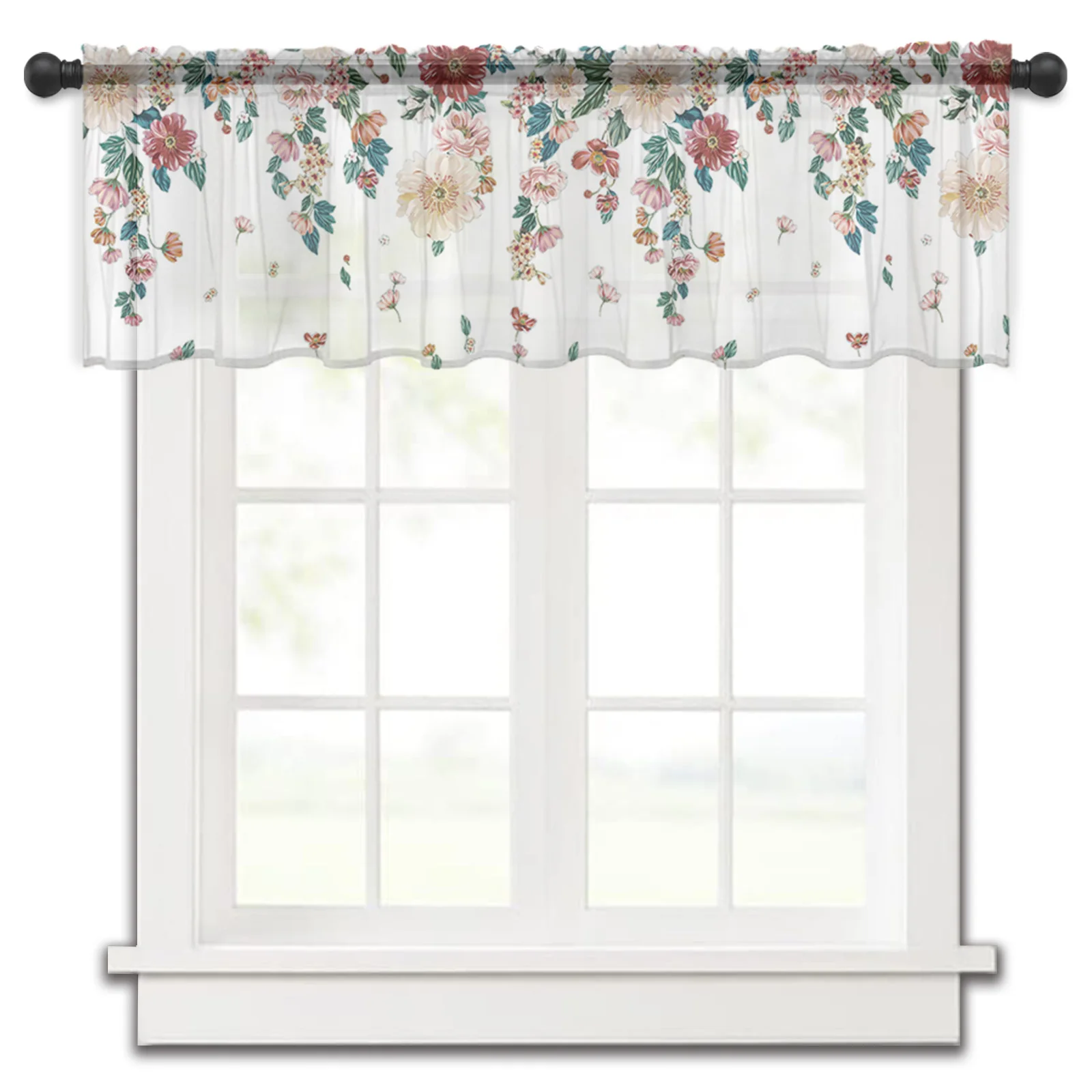 

Plant Flower Summer Tulle Kitchen Small Window Curtain Valance Sheer Short Curtain Bedroom Living Room Home Decor Voile Drapes