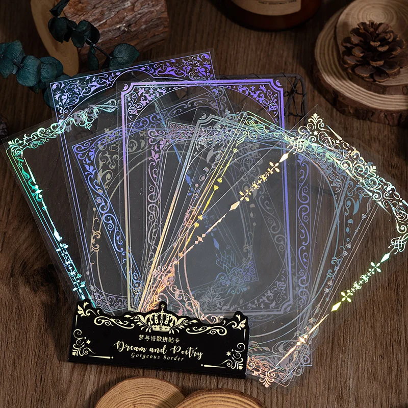 Yoofun 12pcs/pack Dream And Poetry Cool Collage Card PVC Creative Iron Silver Rainbow Decor Papers for Scrapbooking Journal