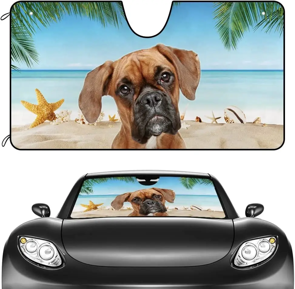 

CafeTime Dog Car Windshield Sunshade A Cute Boxer Dog at The Beach Decor Vehicle Front Windshield Sun Shade Visor UV Ray Reflect