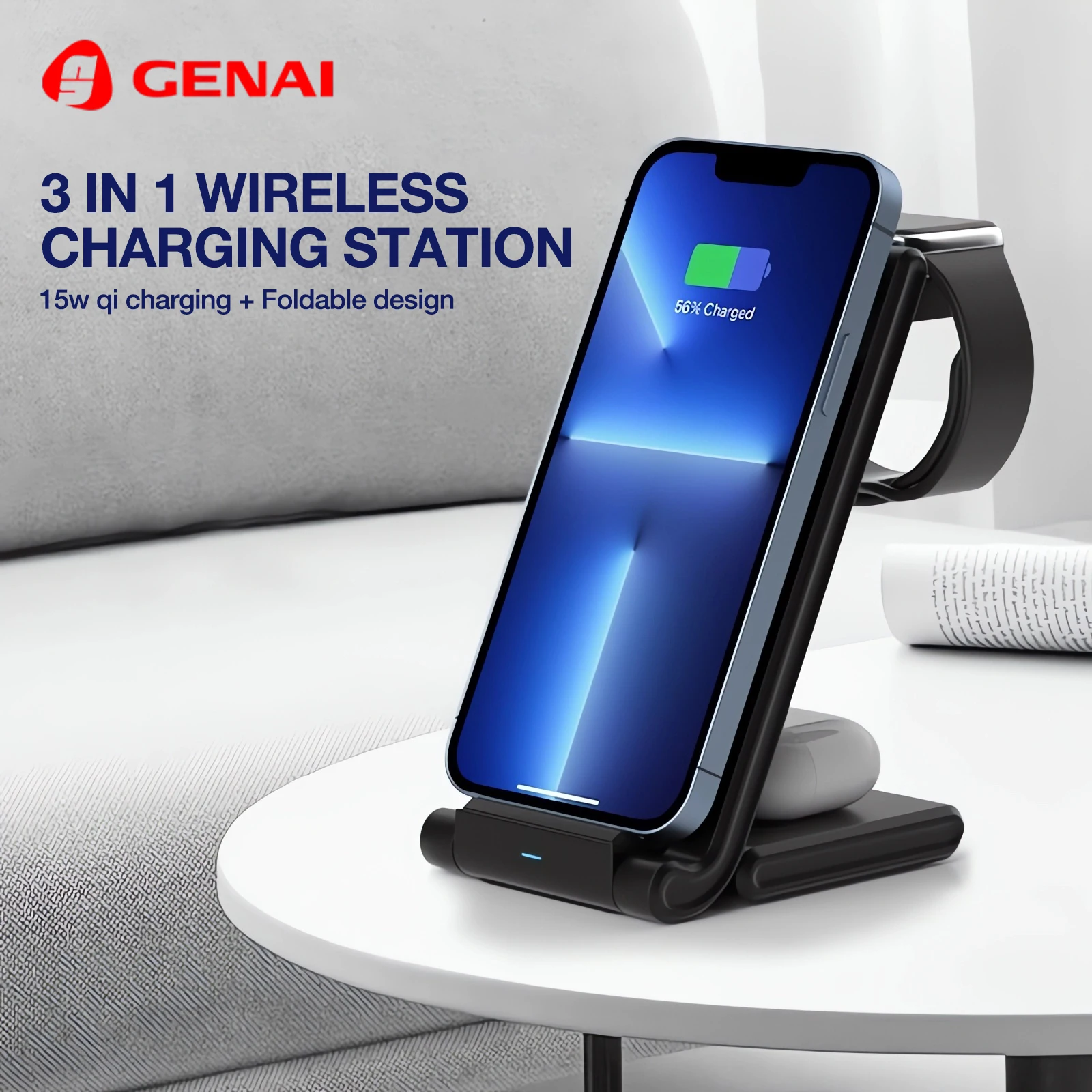 

GENAI Portable Foldable Wireless Charging Stand 3 in 1 Wireless Charger Station 15w Qi Fast Charging for Multiple Devices