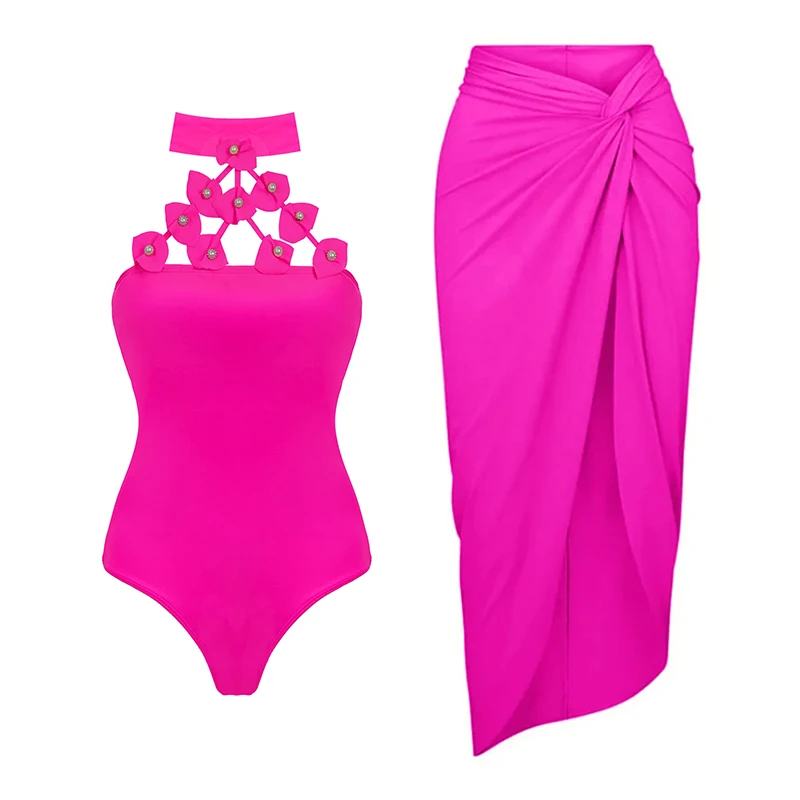 

2024 Flower One Piece Swimsuit With Cover Up Sexy Swimwear Luxury Women Halter Swim Suit Bathingsuit Bodysuit Beachwear