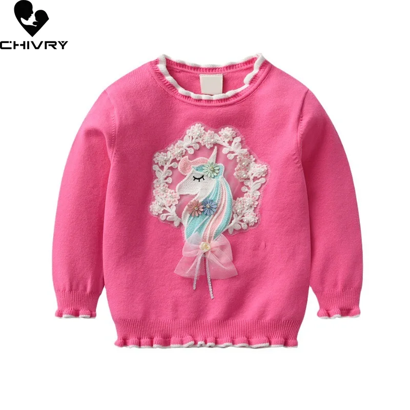 

New 2023 Autumn Winter Baby Girls Round Neck Pullover Sweater Kids Cartoon Unicorn Lace Applique Knitted Jumper Sweaters Tops