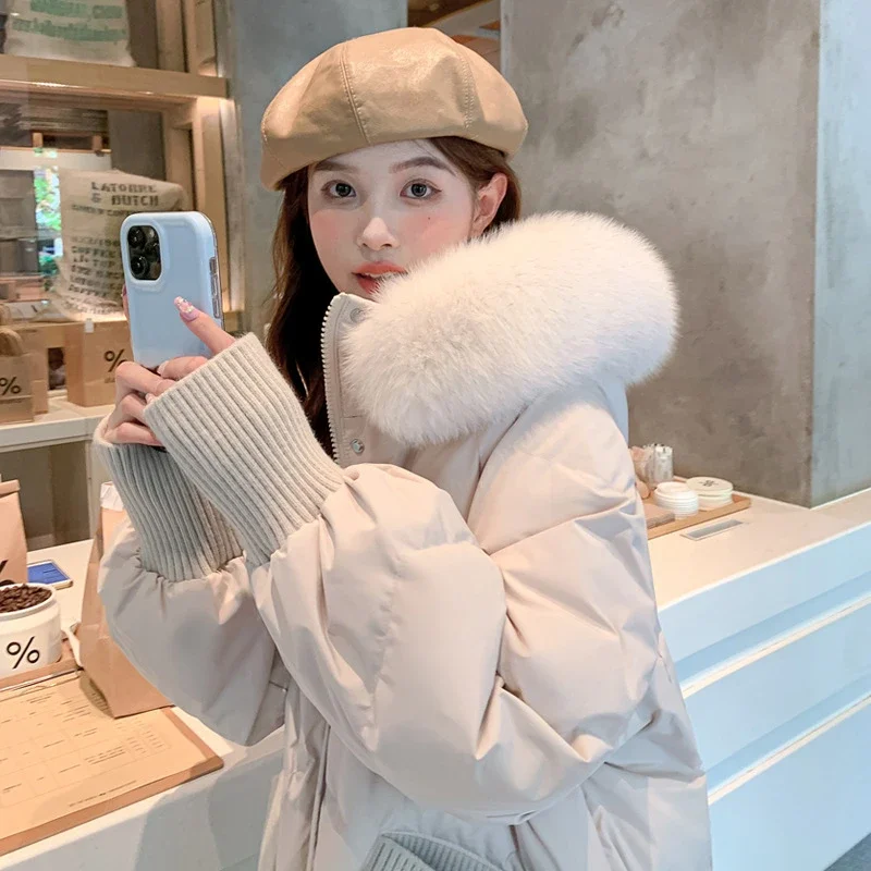 Caramel Hooded Down Jacket for Plump Women 2023 Large Size Overcoats Lady White Duck Thickened Jacket Fox Fur Loose Coat Vintage