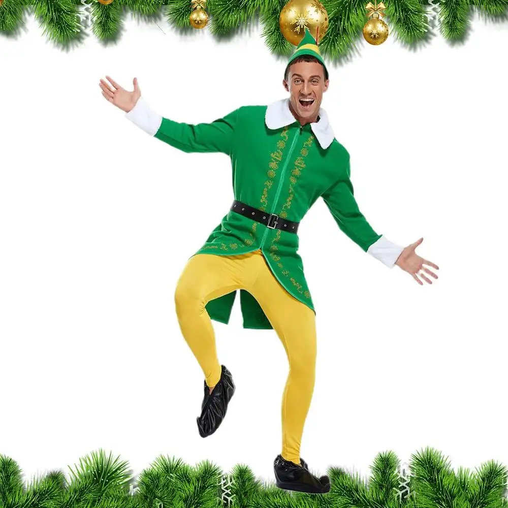 thumbnail image 1 of Disfraz de elfo amigo, conjunto de disfraz navideño con pantalón, chaqueta, zapatos, sombrero, cinturón, fácil de limpiar, transpirable, para fiesta de cosplay navideña, 1 of 5