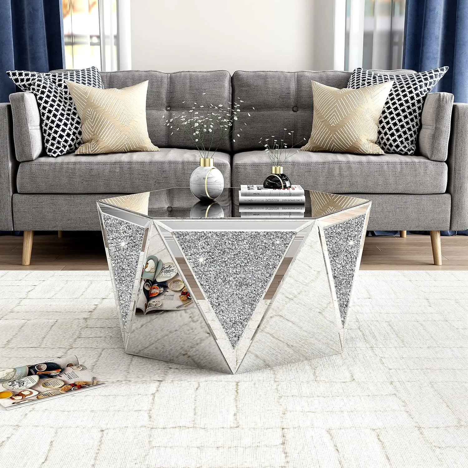 

Drum Coffee Table Mirrored with Crystal Inlay, Hexagon Silver Accent Table, Modern Design Luxury Contemporary Furniture, 31.5‘’