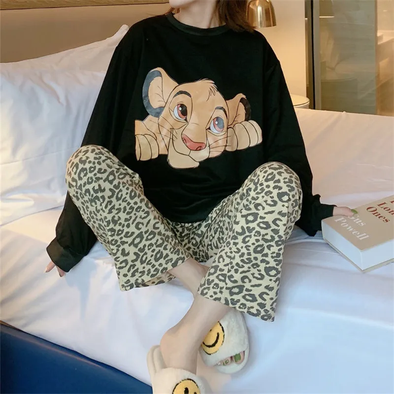 Disney Cartoon Lion King Simba Pajamas Women's Spring Autumn Long-sleeved Trousers New Girl 2pcs Leopard Print Homewear Suit 6