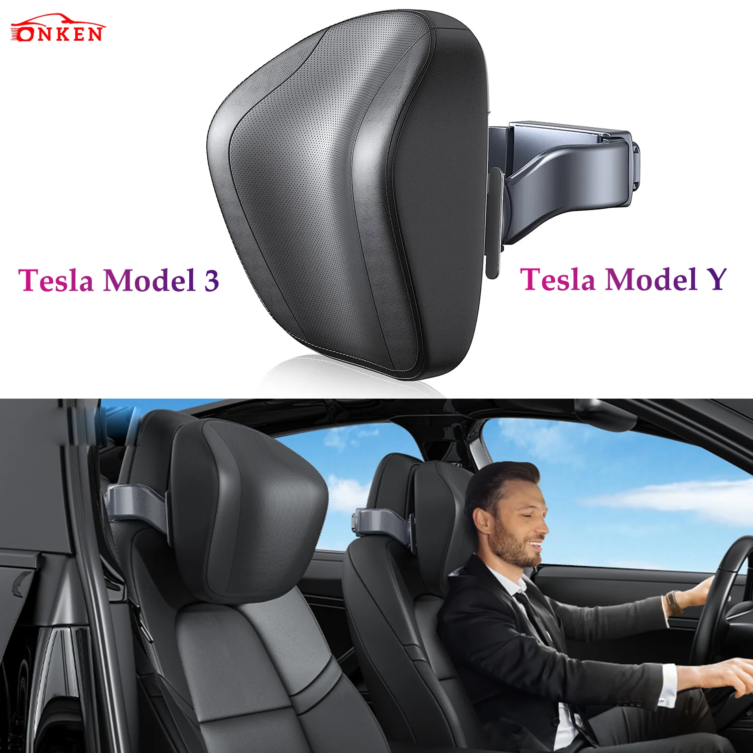 TeslaModelY3HeadrestAdjustableNeckSupportPillowLeatherCar