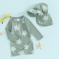 Toddler Girls Boys Beach Wear Kids Swimwear Summer Long Sleeve Floral/Tropical Print Zip Up Bathing Suits with Hat For Swimsuit 2