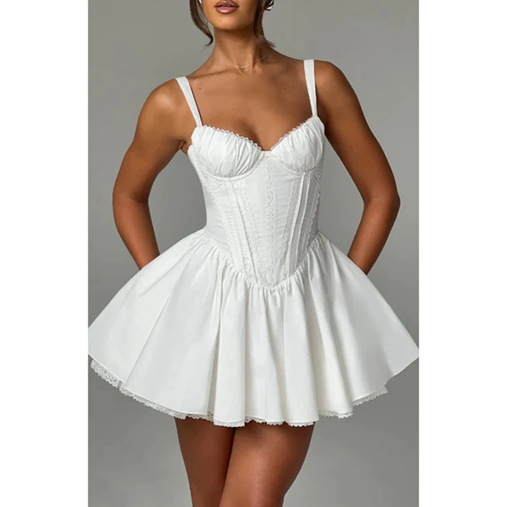 

Women's Vintage Solid Color Sleeveless Adjustable Straps V-Neck Back Big Bow Tied Summer Corset Flowy Mini Cami Dress