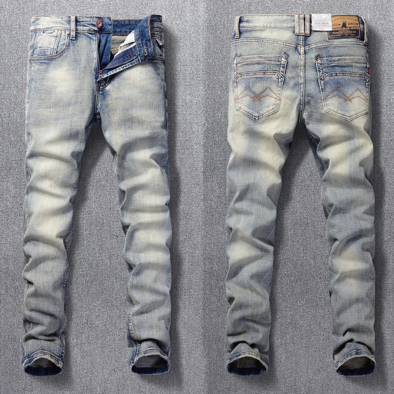 newly designer fashion men jeans retro gray blue elastic slim fit ripped jeans men patchwork vintage casual denim pants hombre Newly Designer Fashion Men Jeans Retro Yellow Blue Elastic Slim Fit Ripped Jeans Men Vintage Casual Stretch Denim Pants Hombre