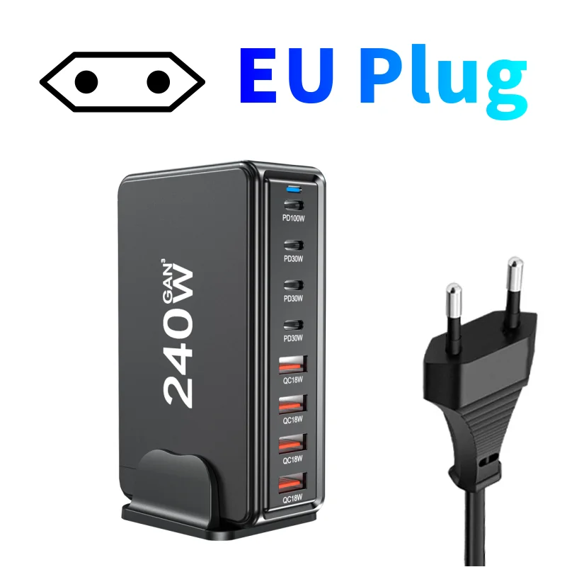 240W fast charging block, 6-port charging station suitable for iPhone/iPad/MacBook, 4C2A PD GaN charger box, USB tower hub, 5-fo