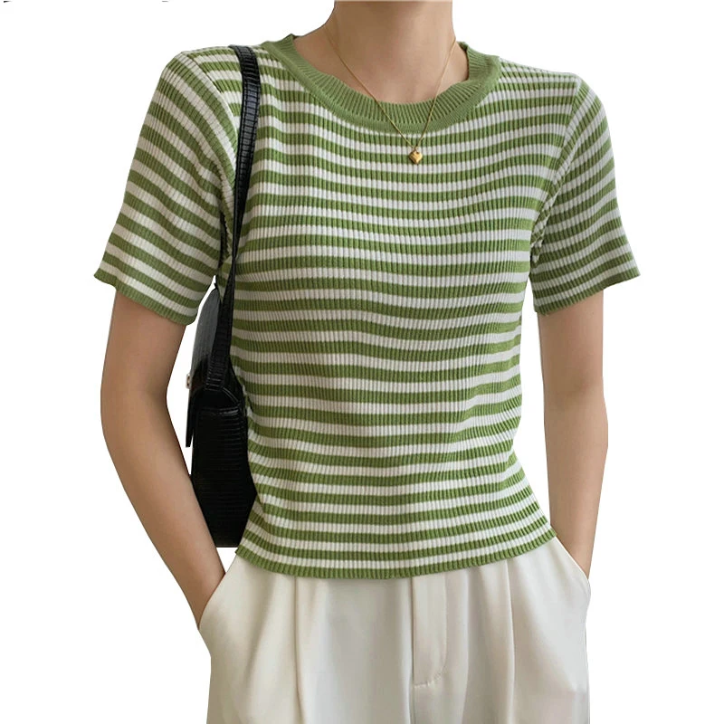 GGRIGHT T shirt For Women Clothes Vintage Summer Tops Stripe Knitted Ladies Tshirts Short Sleeve