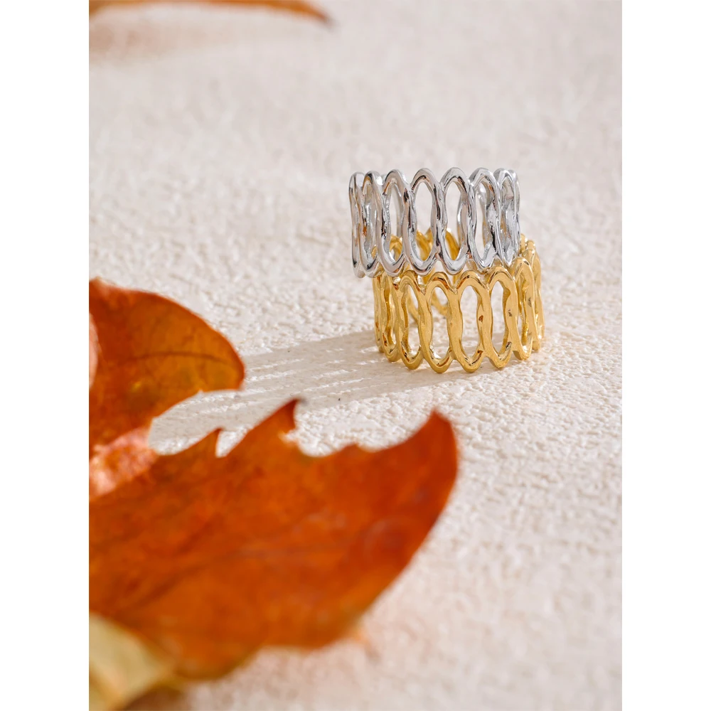 Yhpup Steel Geometric Hollow Distinctive Ring