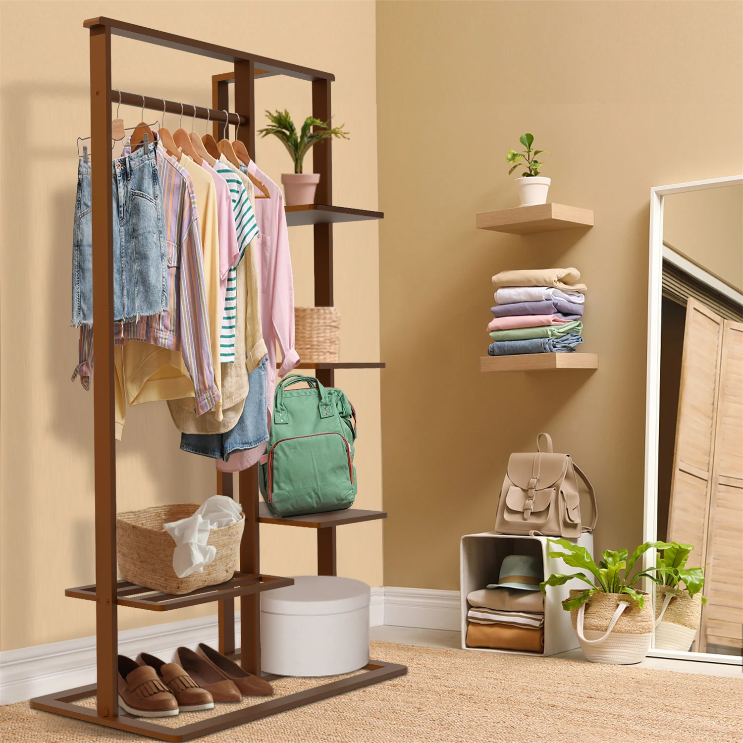 3-in-1 Bamboo Hall Tree, Clothes Rack with Shelves Shoe Bench