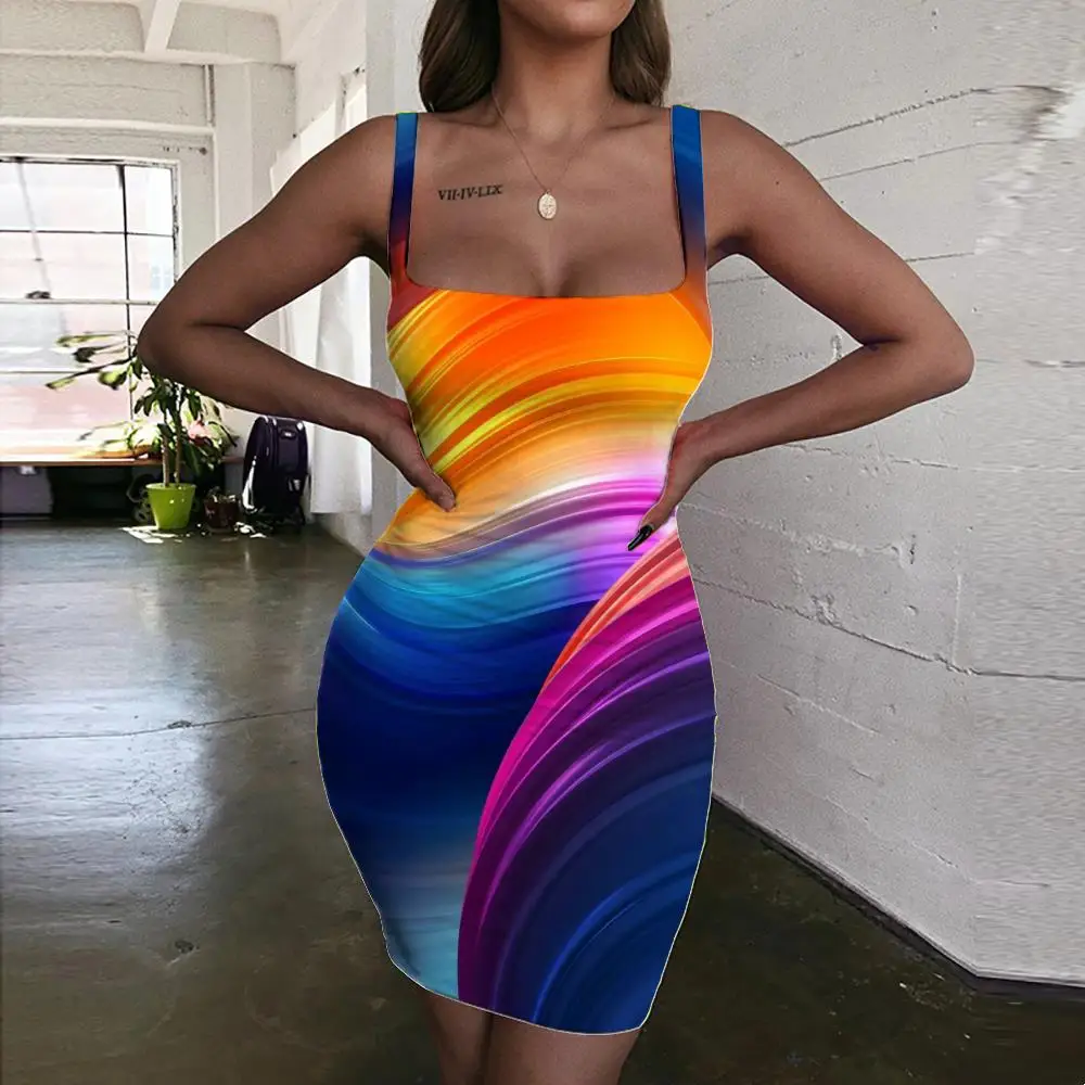 

SOMEPET Color Dress Women Colorful 3d Print Abstract Ladies Dresses Cute Halter Sleeveless Womens Clothing Club Beach Boho