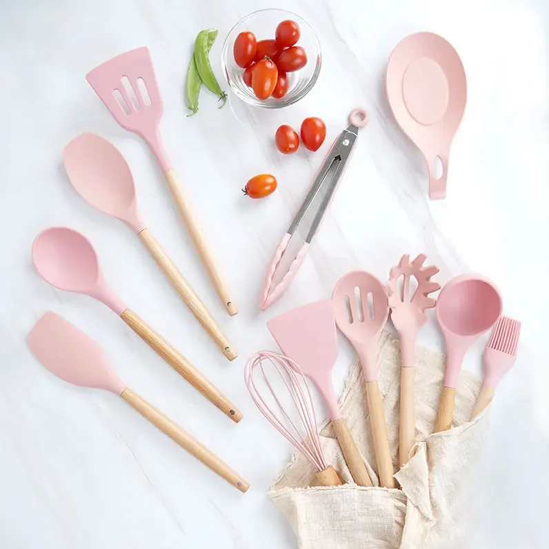 11pcs Pink Silicone Kitchen Cooking Tools Spatula Shovel Soup Spoon with Wooden Handle Special Heat-resistant Design Utensil