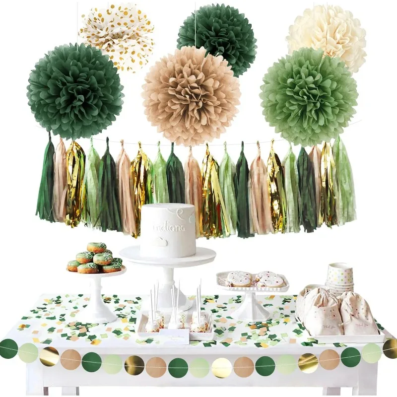 Décoration De Fête Vert Sauge Et Vieux Rose - Lanternes, Pompons, Guirlande Pour Mariage, Anniversaire, Baby Shower