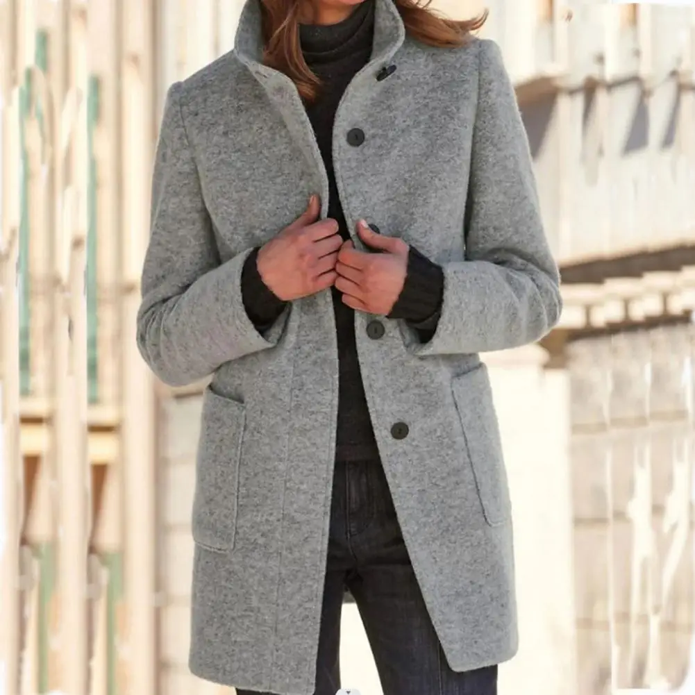 

Simple Look Woolen Jacket Long-sleeved Woolen Jacket Stylish Women's Mid Length Solid Color Overcoat with Stand Collar for Fall