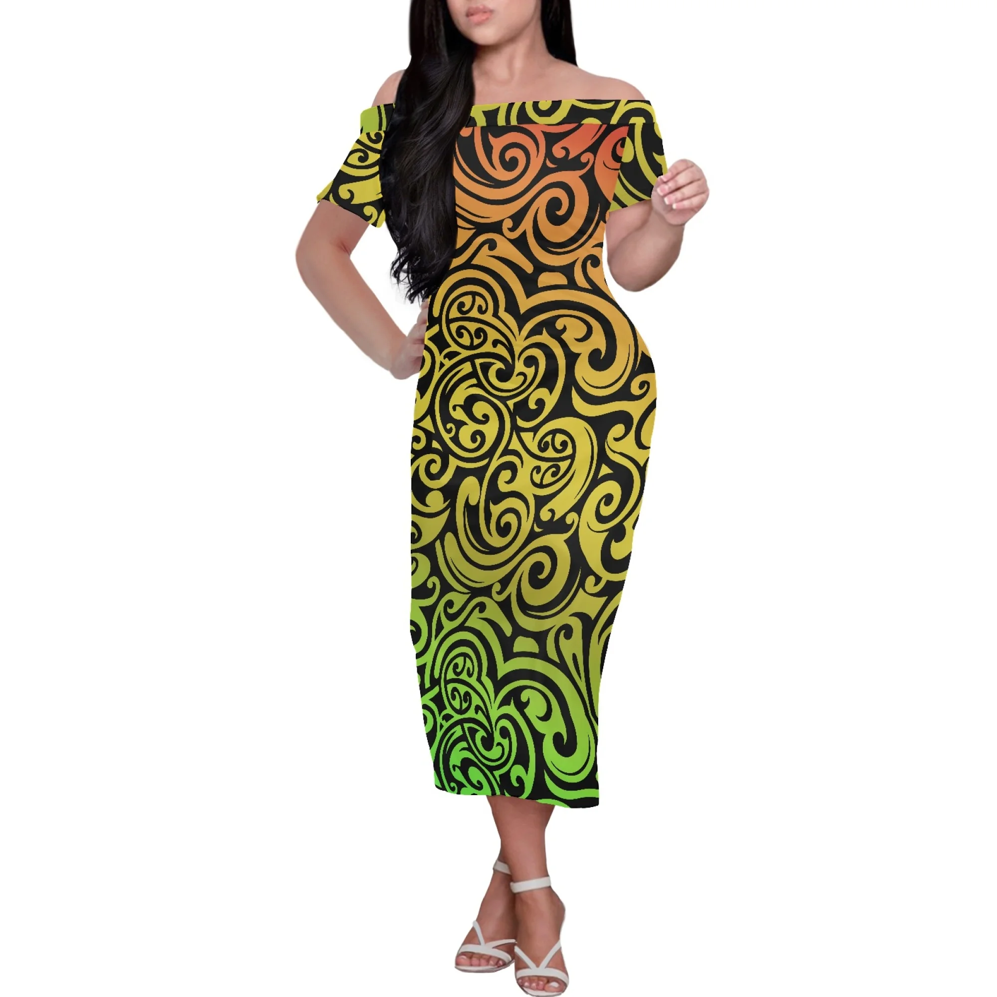 

Luxury Gold Print Women Dresses Summer Polynesian Ladies Banquet Dress Off Shoulder Short Sleeve Tight Sexy 2023 Fashion Clothes