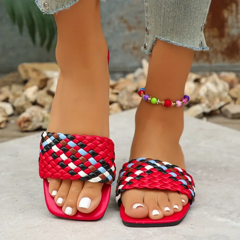 Women's Shoes Open Toe Women's Slippers Outdoor Beach Slippers Women Square Toe Mixed Colors Flat with Plus Size Sandals