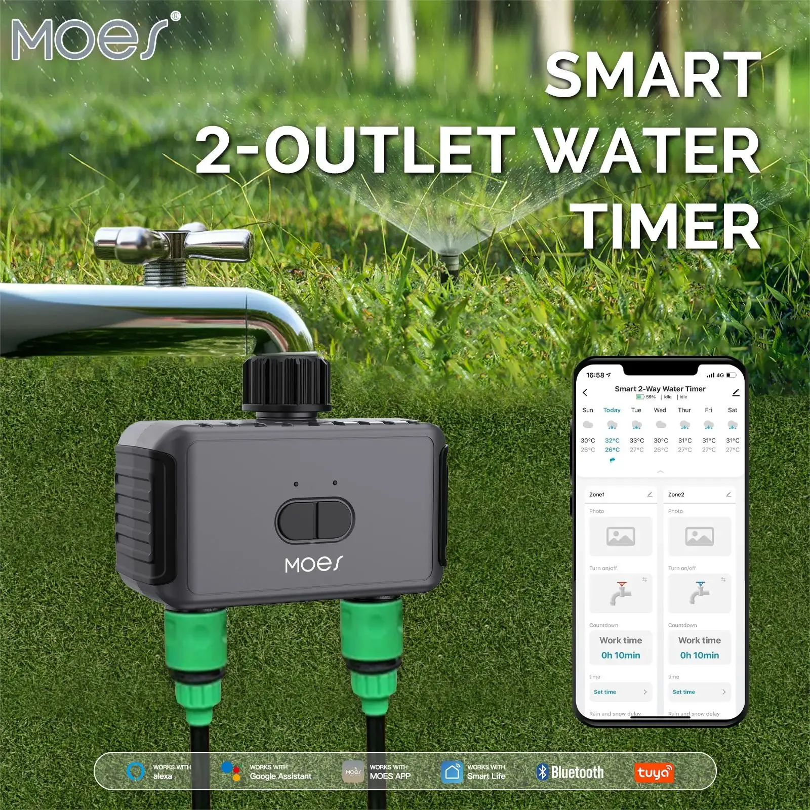 

Bluetooth Smart Garden Sprinkler Water Timer by 2 Way Rain Delay Filter Washer Programmable and Automatic Irrigation Controller
